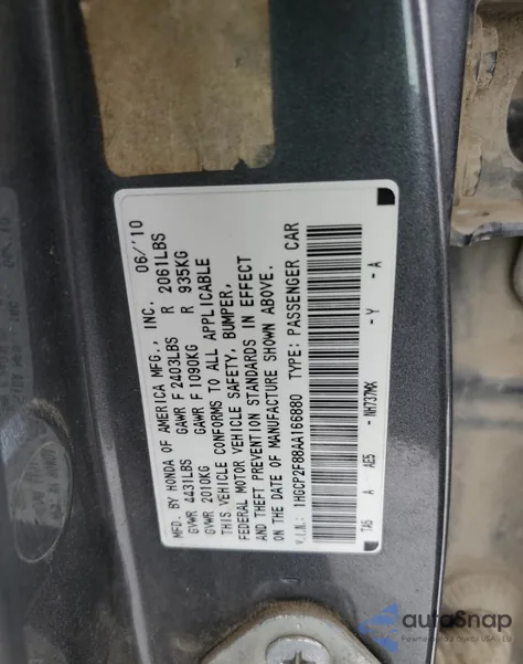 2010 Honda Accord Exl из США, поврежденный, VIN 1HGCP2F88AA166880